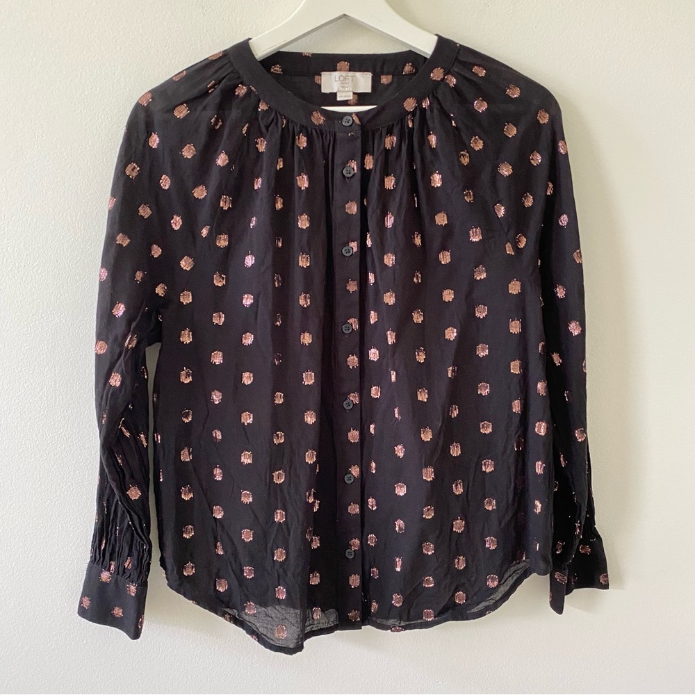 LOFT outlet Women’s Crew Neck Button Down Poker Dot Gold Metallic Blouse